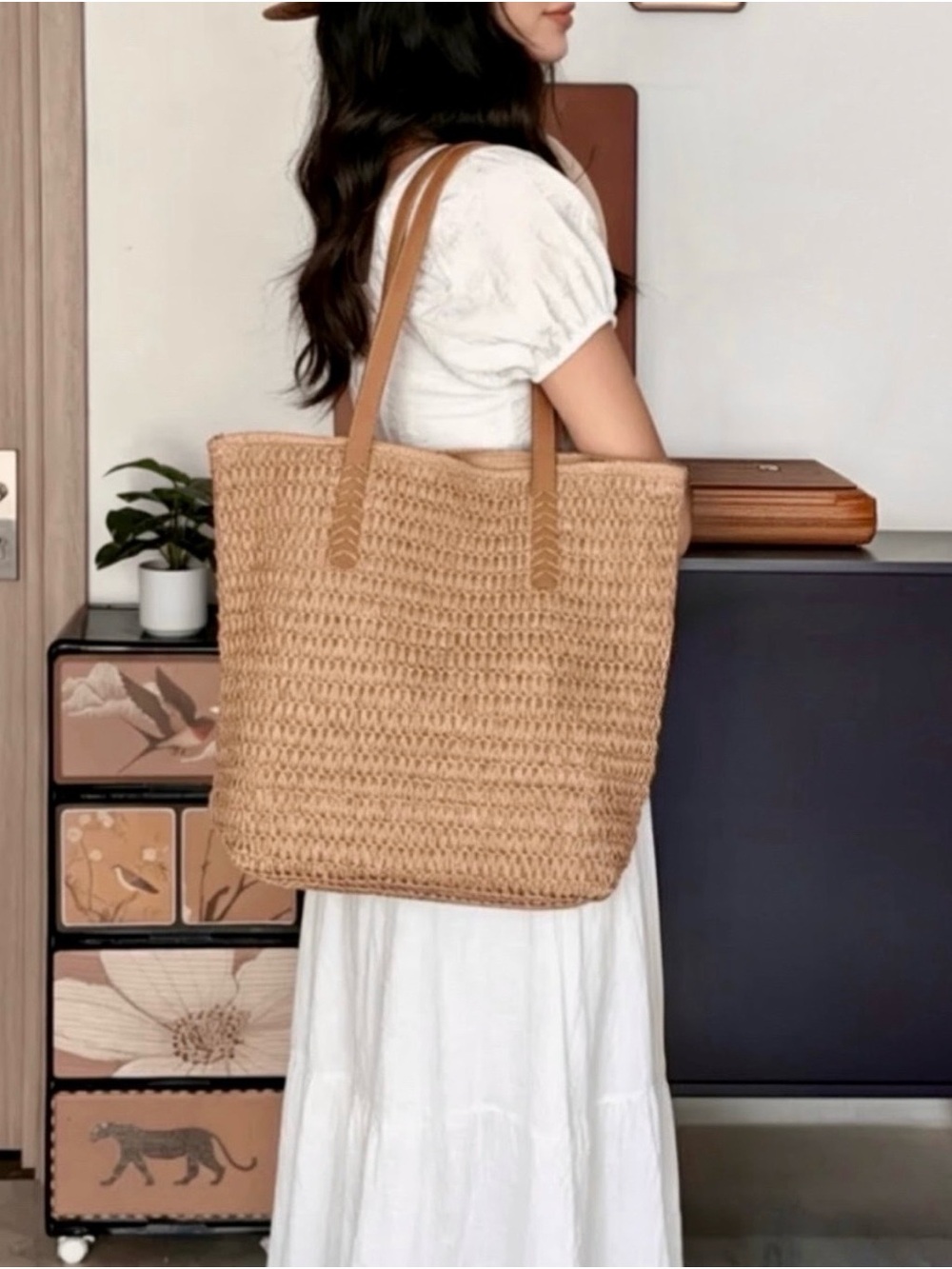 Natural Woven Tote with Tan Handles - Picture 7 of 7